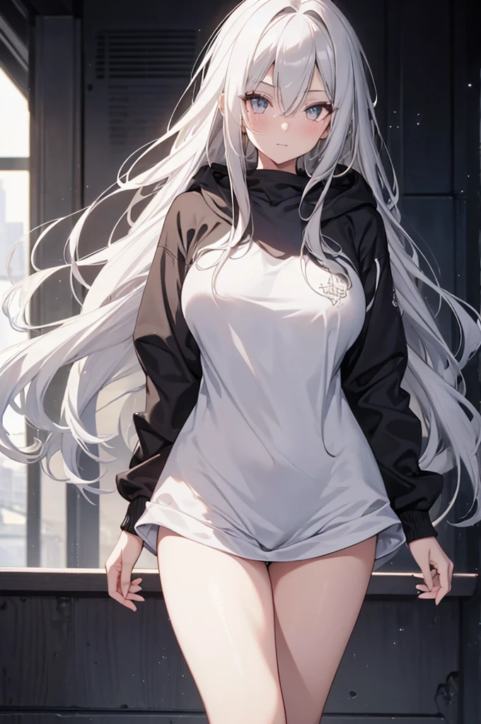 1girl, {Solitary}, Upper Body ,{{ {Watching at viewer}}}, Arms at your sides, Concept Art, white Background, simple Background, White hair, Silver gradient hair , Composite cloth, Asymmetrical clothes, Virtual YouTuber, best quality, masterpiece, Dynamic Angle, , cowboy_shooting, Watching_Back, grab, girl,Miss,woman, young,20 years old, Very long hair, Hair Flip, Silver Hair, Flowing hair, Ahog, giggle, Beautiful and delicate golden eyes, teeth, Large Breasts, Blonde eyes, White skin, hoodie, Black_shorts, Gray clothes, transparent_Background, Backlighting, absurd, high resolution, Extremely detailed,sweater,No pants