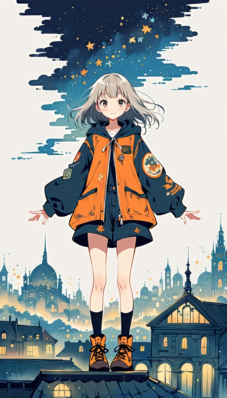 Fujichoco style, shorts, big jacket, gray hair, whole body, dark night, light, on the roof of the building, simple background，Simple line initialism, (((The Most Beautiful Girl))),
