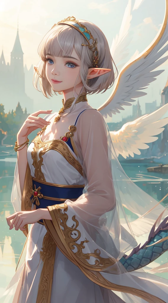 (((masterpiece, best quality))), (Sheer and revealing white fluffy outfit:1.3, ),(Angel with glass wings floating on lake:1.3), (Dragon protecting a girl behind:1.3),Glossy light brown and orange striped shorthair,Cute smile,Perfect round face,A cheerful smile that makes the viewer happy,Proper body proportion,masutepiece,Super high-quality output images,hight resolution,Intricate details,Hair fluttering in a very delicate and beautiful wind,photos realistic,Dreamy,Professional Lighting,realistic shadow,Solo Focus,Beautiful hands,Beautiful fingers,Detailed finger features,detailed clothes features,Detailed hair features,detailed facial features,(Ghibli style:1.3), BREAK, (elf:1.3), (1girl), solo, Bob cut hair, Blunt bangs, (hair between eye), white hair,(beautiful detailed face:1.2),eyelashes, blue eyes, eyeshadow, pink eyeshadow, art style by Artgerm, by Wadim kashin, by Kawacy,