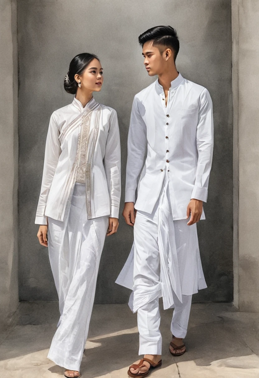 candid fashion illustration of two young man and women, 20 year old, adorned in a meticulously crafted North Thai traditional outfit, ((showcase fashion in a Northern Thai style, cotton handwoven in white color)), simple elegant and luxury style, The man wears a simple long-sleeved white shirt with minimal details, paired with white Tailor pants, and shoes, The woman complements him with white tubular skirt or Sarong with simple patterns, ankle-length and is wrapped around the waist detail, and A fitted intricately decorated blouse that complements the skirt. Captured in a low angle, ((full-body image)), stands gracefully against the white backdrop. Their attire simple with intricate embroidery and white accents, each element carefully chosen to reflect the rich Lanna cultural heritage, ((white studio background)), realistic color pencil lines, perfect drawing, charcoal lines, fading sketch, quick Sketch, soft light, fashion illustration, fashion sketching