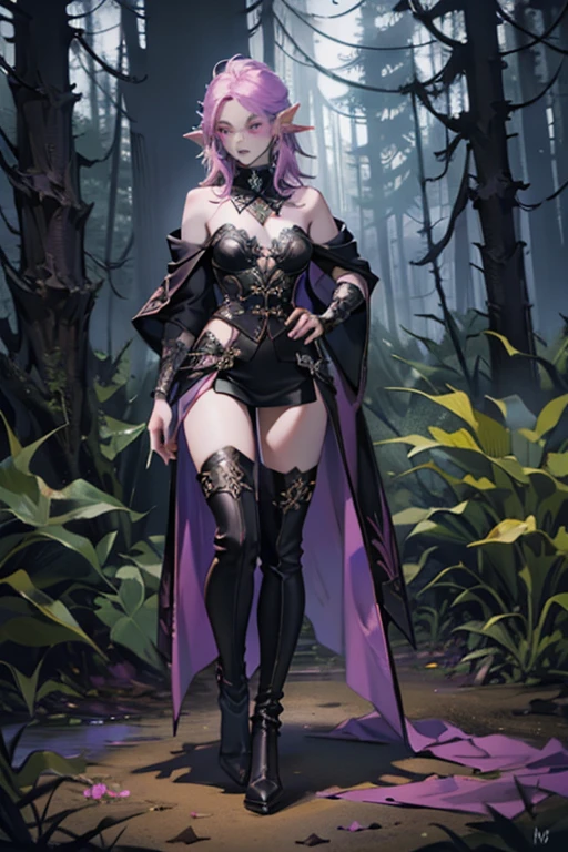 (full body:1.4),((ultra realistic illustration:1.2)),(dark fantasy:1.4), In a mystical forest. Beautiful Elven mage. Wild (magenta hair), violet eyes, ((very pale:1.4)), beautifully fit figure, small perky breasts. (tribal war paint), leather bustier, cape, thigh high boots .Masterpiece, (highly detailed:1.2),(detailed face and eyes:1.2), 8k wallpaper, natural lighting. core shadows, high contrast, bokeh.