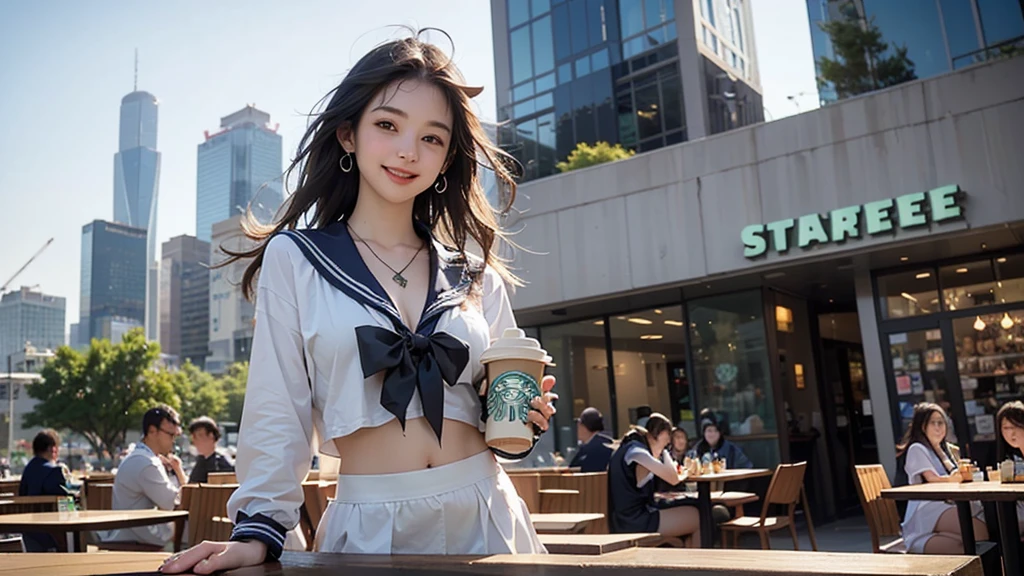 8K、RAW Photos、Highest quality、Super detailed、Super Resolution、Ultra HD、8K壁紙、Amazing details
(((Starbucks outdoor cafe、16 year old high school girl in sailor suit)))、((Eat cake、Drink coffee、smile))、Heart Necklace(Emphasize cleavage)
(Full body photo)
(((Skyscrapers are visible)))
I can see my belly button