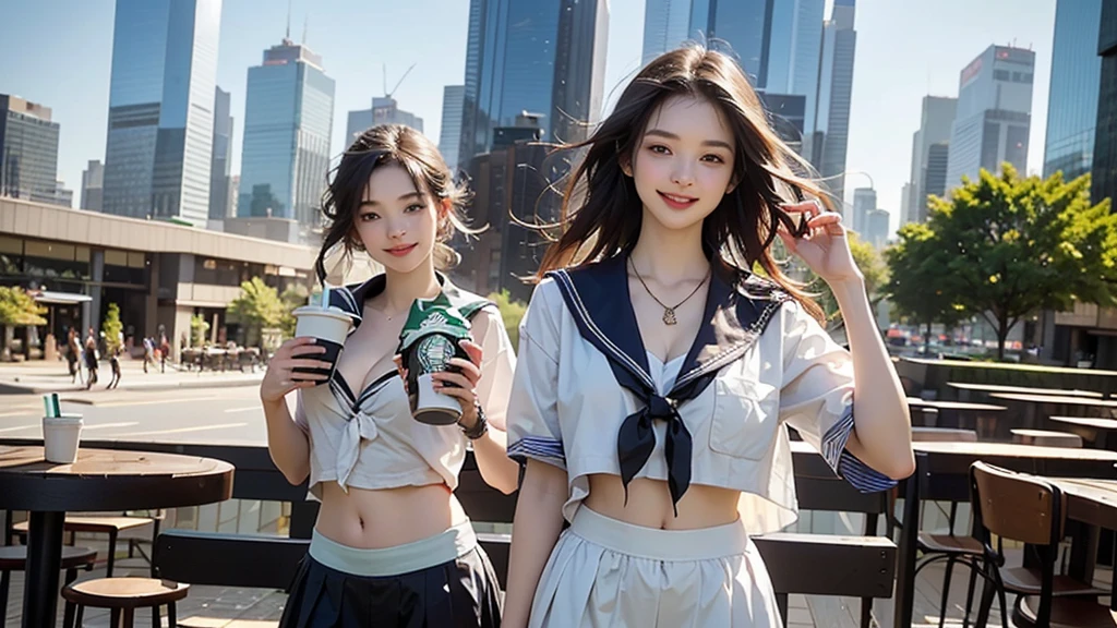 8K、RAW Photos、Highest quality、Super detailed、Super Resolution、Ultra HD、8K壁紙、Amazing details
(((Starbucks outdoor cafe、16 year old high school girl in sailor suit)))、((Eat cake、Drink coffee、smile))、Heart Necklace(Emphasize cleavage)
(Full body photo)
(((Skyscrapers are visible)))
I can see my belly button