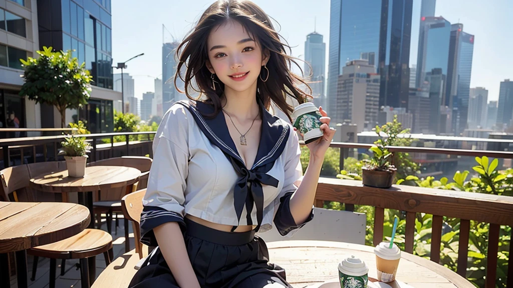 8K、RAW Photos、Highest quality、Super detailed、Super Resolution、Ultra HD、8K壁紙、Amazing details
(((Starbucks outdoor cafe、16 year old high school girl in sailor suit)))、((Eat cake、Drink coffee、smile))、Heart Necklace(Emphasize cleavage)
(Full body photo)
(((Skyscrapers are visible)))
I can see my belly button