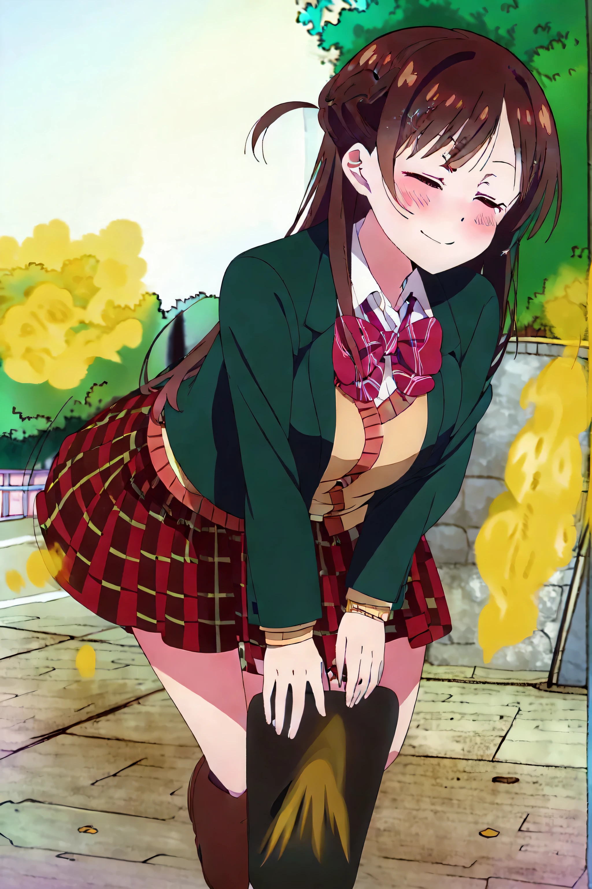 solo, 1female, ChizuruMizuhara,1girl, half updo, straight hair, long hair, side ponytail, , blazer, open clothes, collared shirt, striped bowtie, sweater vest, plaid pleated miniskirt, black socks loafers, massive fart, yellow smoke rising, relieved face, relief, closed eyes, climax, climax face, smiling, blush, bend over, alone in park