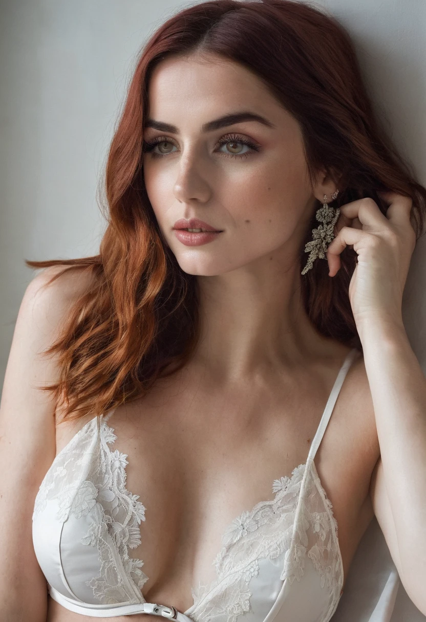 Create a young woman, Red hair, slightly open full lips, in white lace underwear, slightly dropped bra strap, large and firm breasts, nipples visible through bra