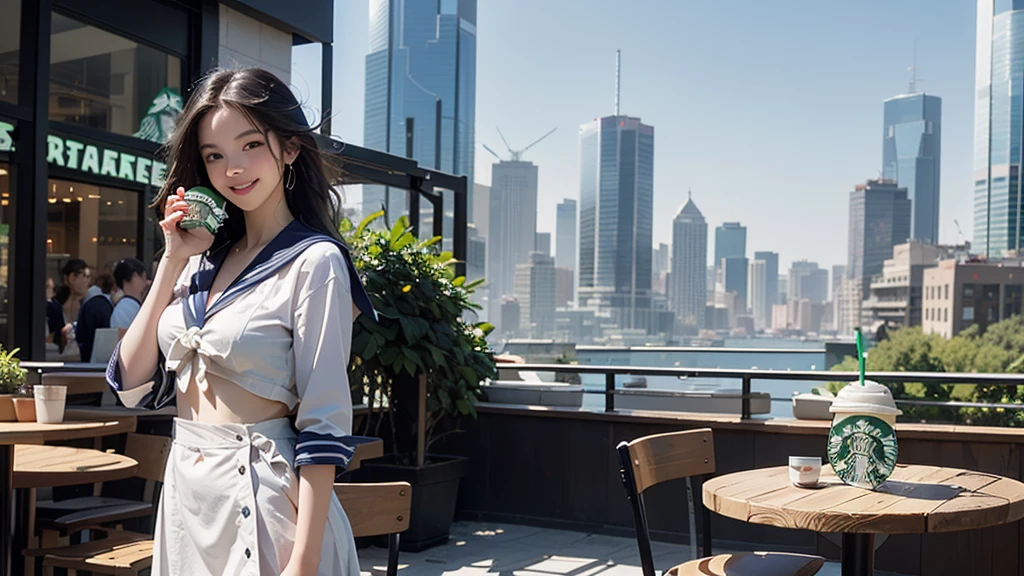 8K、RAW Photos、Highest quality、Super detailed、Super Resolution、Ultra HD、8K壁紙、Amazing details
(((Starbucks outdoor cafe、16 year old high school girl in sailor suit)))、((Eat cake、Drink coffee、smile))、Heart Necklace(Emphasize cleavage)
(Full body photo)
(((Skyscrapers are visible)))
I can see my belly button