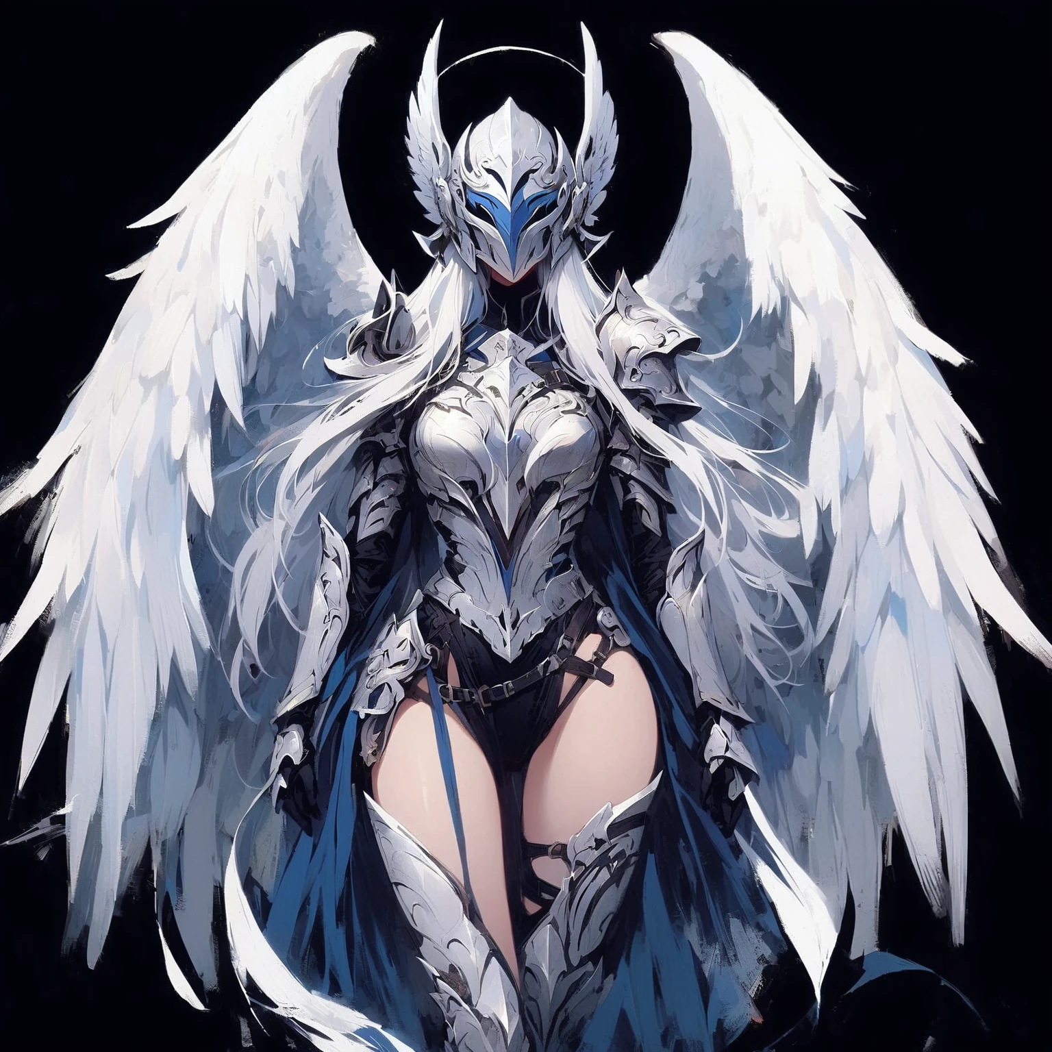 1girl angel with winged helmet covering her eyes angel_wings armor feathers_Long wing feathers_Hair Shoulder Armor Shoulder_Armor single piece_Upper wing separation_The body is white_Theme blue_Wings Wings