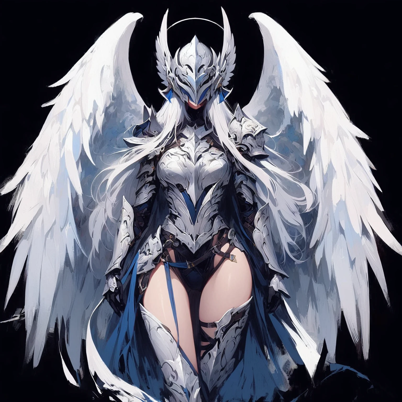 1girl angel with winged helmet covering her eyes angel_wings armor feathers_Long wing feathers_Hair Shoulder Armor Shoulder_Armor single piece_Upper wing separation_The body is white_Theme blue_Wings Wings