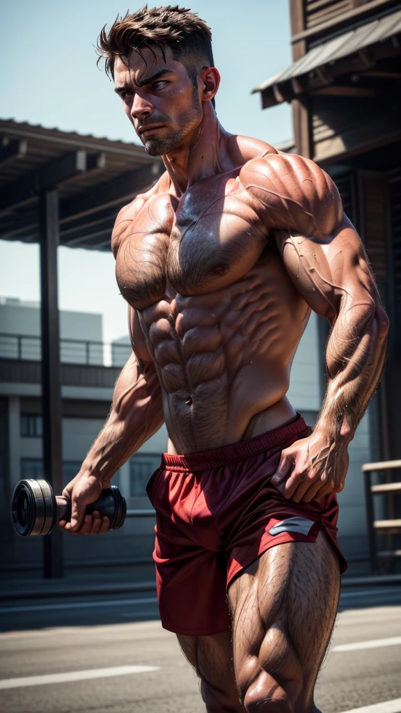 muscular athletic man, strong muscular body, dynamic running pose, powerful physique, marathon runner, veins popping out, shirtless, detailed facial features, rugged handsome face, sweat glistening skin, prime physical condition, dramatic lighting, cinematic angle, high contrast, warm color palette, dramatic shadows, (best quality,4k,8k,highres,masterpiece:1.2),ultra-detailed,(realistic,photorealistic,photo-realistic:1.37)
