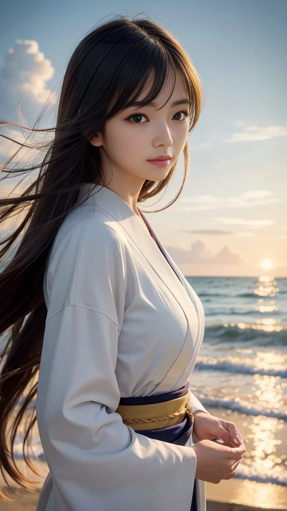 ((Japanese beautiful girl)), Delicate skin, Detailed Description, (:1.2, Beautiful Eyes, Idol Face), Calm scenery, Beautiful beach with a promenade, Cumulonimbus clouds floating in the blue sky, The sound of waves crashing on the shore, A summer breeze carrying the scent of the season, Bright sunlight emitting a warm glow, (Smiling beautiful girl), (Hair blowing in the wind, Beautiful flowing hair), (Highest quality, 4K, 8K, High resolution, masterpiece: 1.2), Very detailed, (Realistic, Realistic, Realistic: 1.37), Detailed facial features, Beautiful attention to detail, Beautiful lip detail, Very detailed目と顔, (Beautiful breasts), (double eyelid, Long eyelashes), Calm, quiet, peaceful, Idyllic, Warm colors, Golden Hour Lighting, Cinematic, dream-like, Nostalgia, landscape, Natural light, Very detailed美しい手, White thin kimono, (Gaze at the viewer, blush)