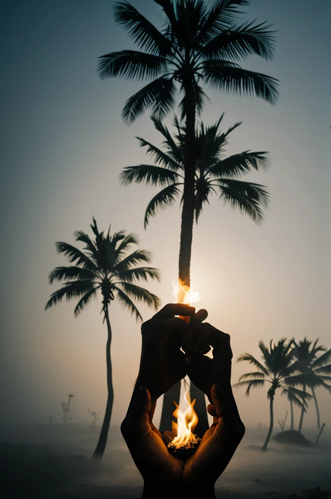 Silhouette of man in fog with a flame in the palms of his hands
