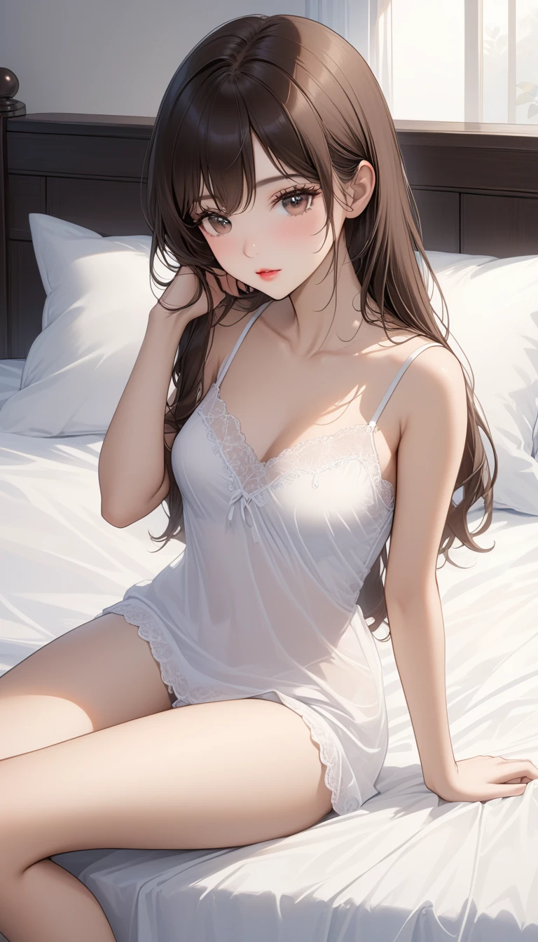 beauty, hidden face, 1 girl, beauty: 1.3, Slim abdominal muscles: 1.1, camisole, Long dark brown hair, (Sitting on the bed), Ultra-fine face, Highly detailed lips, Delicate eyes, Double eyelids