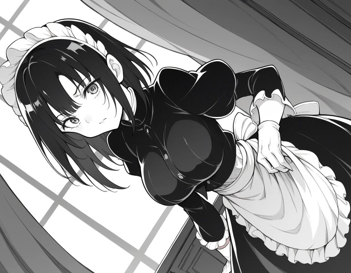 score_9, score_8_up, score_7_up, source_anime,
tsubakirurikawa, tsubaki rurikawa, bangs, large breasts, monochrome, greyscale,
skirt, gloves, long sleeves, dress, frills, puffy sleeves, white gloves, apron, maid, maid headdress, juliet sleeves, maid apron,
indoors, bent over,
looking at viewer, solo, cowboy shot, dutch angle,