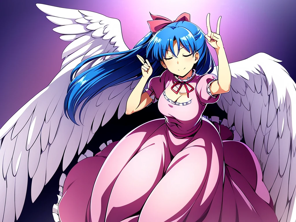 masterpiece, best quality, 1girl, , , 10 years old, medium blue hair, hair flaps, pink ribbon on head, well-formed face, blue eyes, angel girl, white blouse, puffy short sleeves, red ribbon, angel wings, long white skirt, red shoes, frills, ribbon head, from behind, to lift up one’s skirt, cowboy shot, from front, standing , raise one leg, crossed arms, arms up behind, arms behind back, hand between legs, put hands hip, one hand on hip, forward hands, arms raised in the air, punch hands, peace sign, waving, put up index finger, sit, lie down, closed eyes, lie face down, looking back, put one hand chest, leaning forward, cleavage, close up, horizontally outstretched arms, horizontally outstretched legs, front view, front face