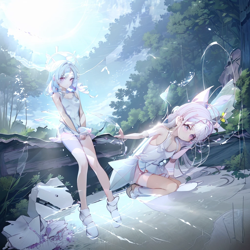 (((A medium view)) of an anime teen girl, (sitting down in a (forest), (((strong sunlight))), cinematic light, slim body, skin is perfectly white, soft, and smooth, ((legs stretched straight)), Extremely delicate and beautiful CG illustration, best quality, high resolution, dynamic angle, full-length lens, (1 girl), floating, soft light, high-key lighting), glowing light, purple halo, feathers fluttering background, blue crystal, (((wearing nothing but a white (pure) (transparent) tank top))), ((very cinematic))