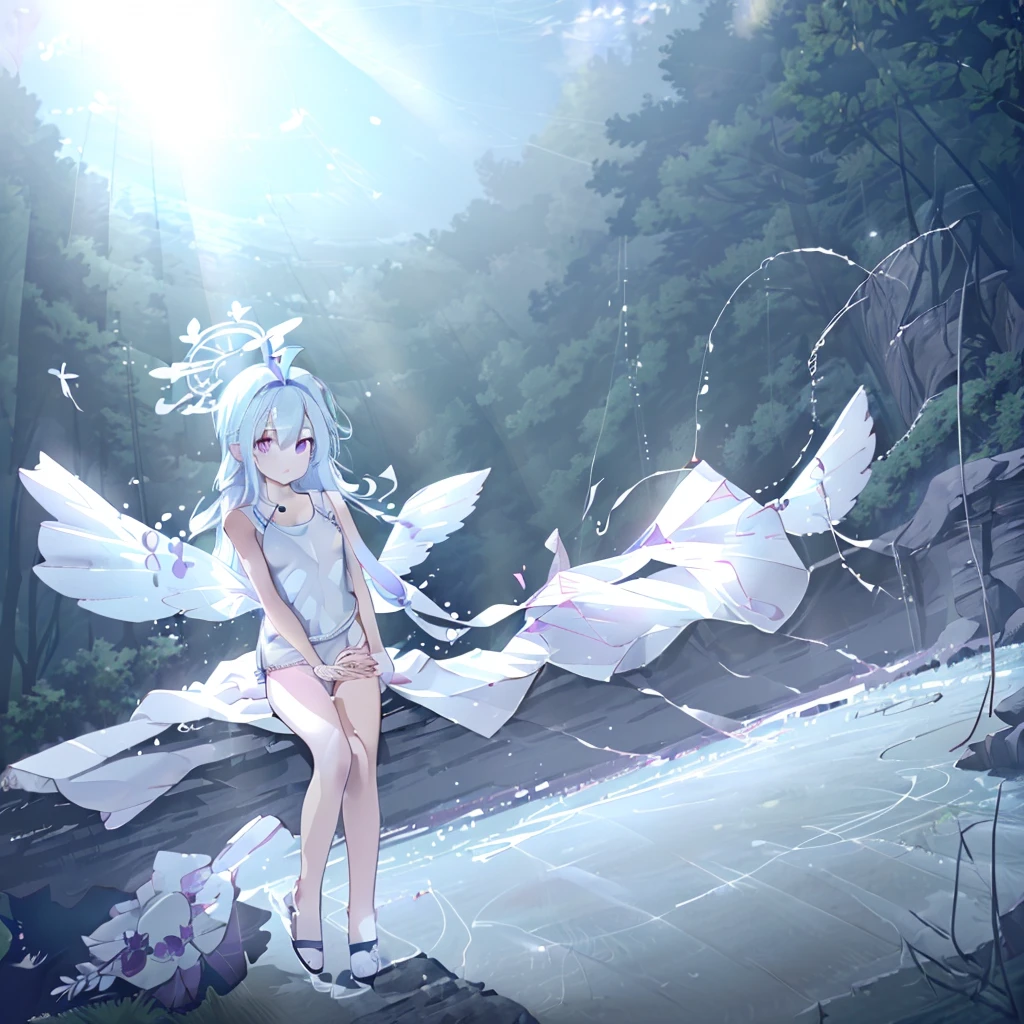 (((A far view: 1.4))) of an anime  girl, (standing in a (beach), (((half naked))), cinematic light, slim body with curves, skin is perfectly white, soft, and smooth, ((no nsfw)), Extremely delicate and beautiful CG illustration, best quality, high resolution, dynamic angle, full-length lens, (1 girl), floating, soft light, high-key lighting), glowing light, purple halo, feathers fluttering background, blue crystal, (((wearing nothing but a white (pure:1.5) (transparent) tank top))), ((((sleeveless:1.4))))