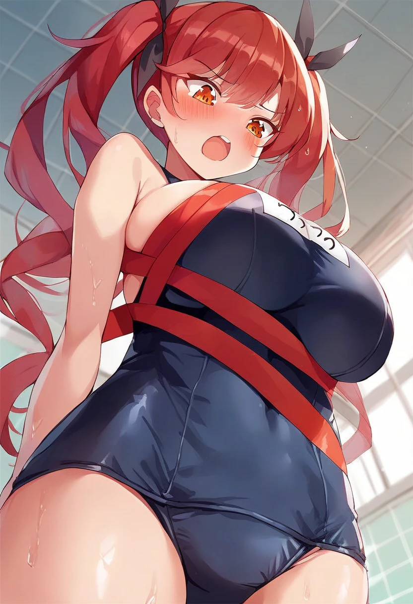 Azur Lane Slow Ahead Style, score_9, score_8_up, score_7_up, source_anime, ultra-detailed, ((best quality)), ((masterpiece)), Honolulu from Azur Lane, orange eyes, red hair, long hair, twintails, hair ribbons, naked ribbon, 1girl, solo, red hair, twintails, huge breasts, ((school swimsuit)), ((looking down)), pool background, ((suprised)), ((open_mouth)), ((blush)), indoors,