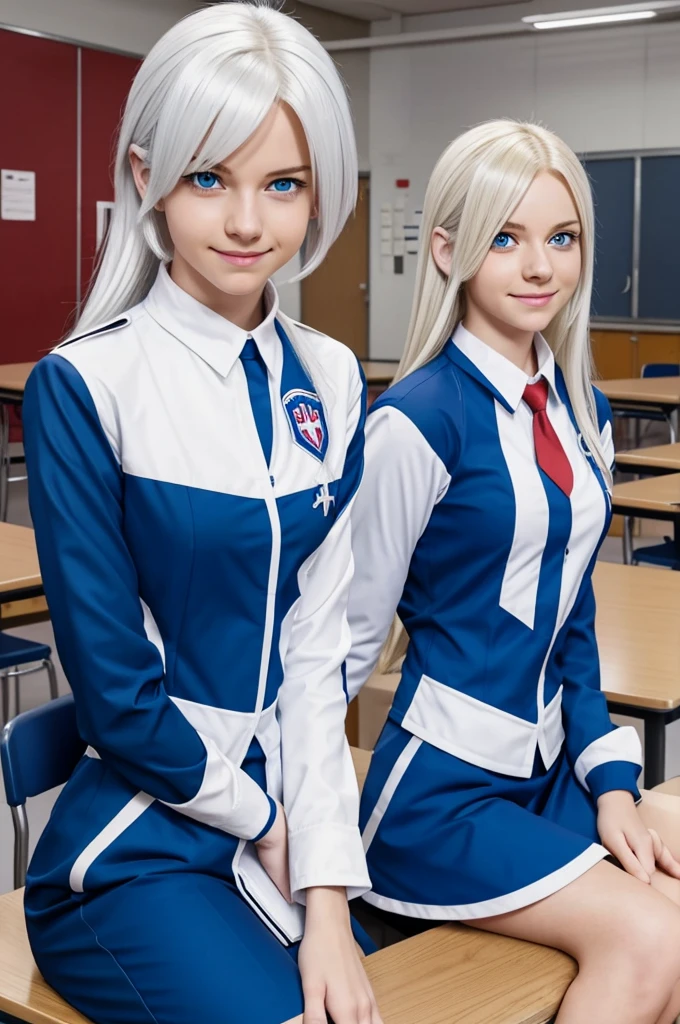 Screenshot of my hero academia, white hair girl, Straight and long, with blue eyes, happy and relaxed expression, He is wearing the UA uniform, and in the background it has a UA school class, and she is sitting at a table