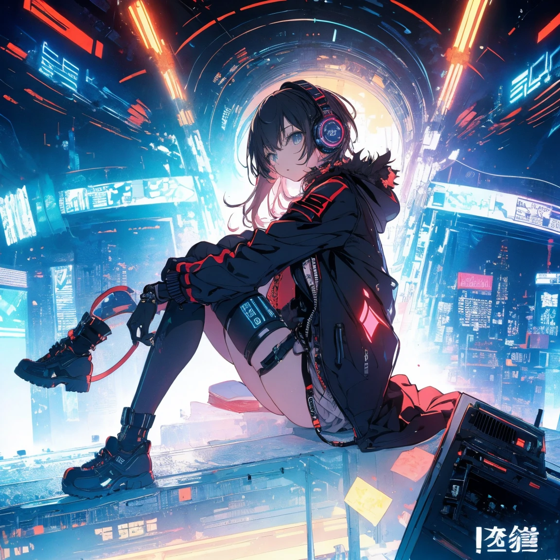 Highest quality、masterpiece、night、Headphones、cyber punk、Cyber City、One Girl、Sitting on high ground、Mid Shot、High position
