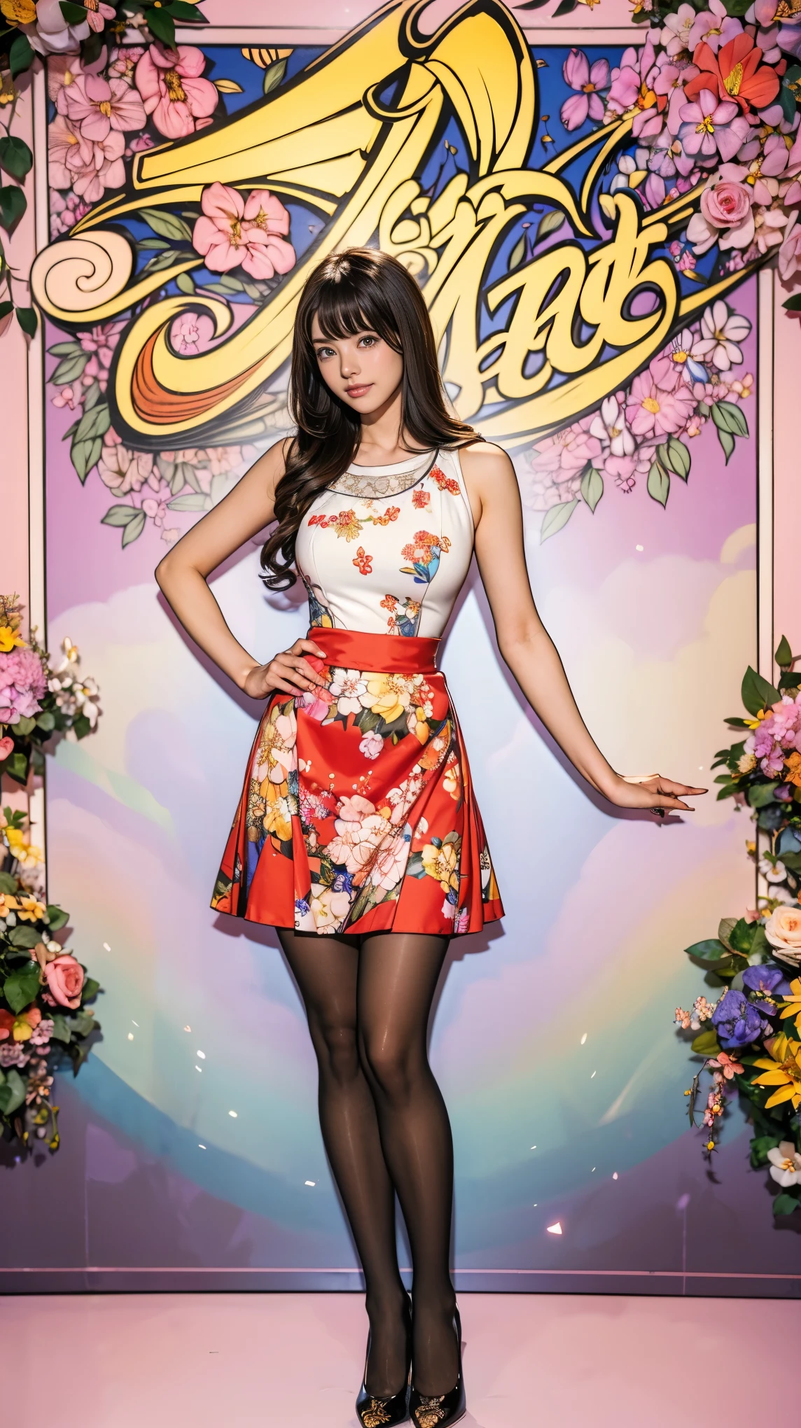 ((masterpiece)),(((Highest quality))),Thin thighs,Long legs,whole body:1.5，(One Girl:1.3),(Black pantyhose and thick pointy heels：1.3),(Wearing a floral mini flare skirt dress:1.2),Short Blonde:1.2、Model pose，high waist:1.5、