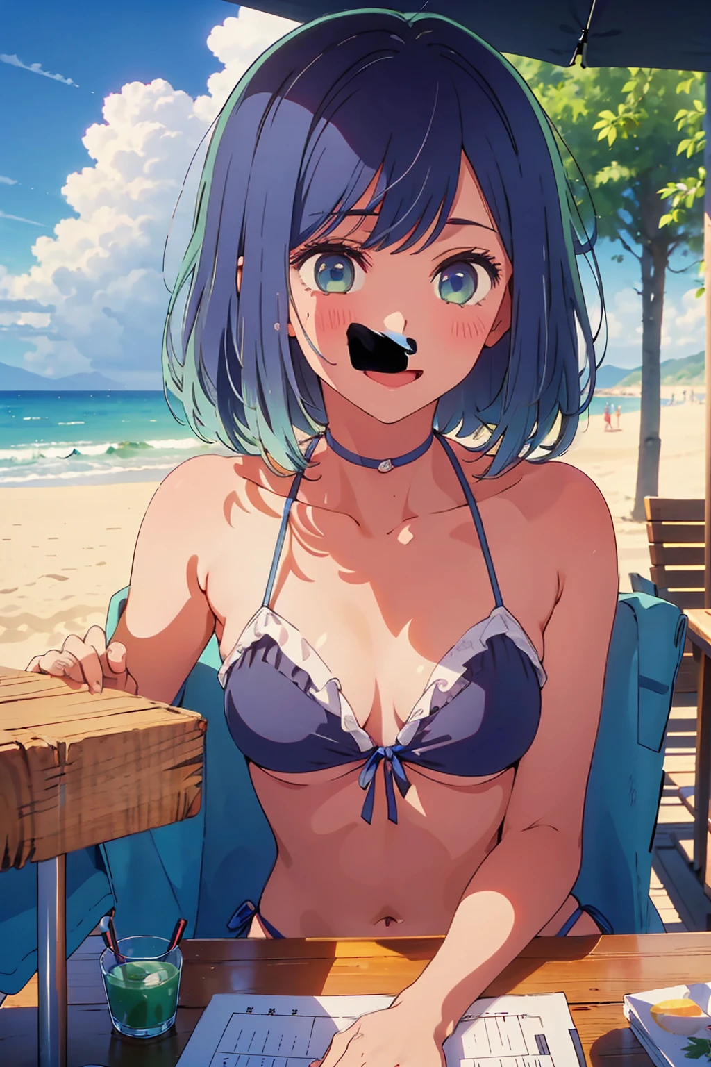 (Highest quality:1.4、masterpiece:1.4、Super detailed:1.4、8K:1.4)、((((1 person、Surprised expression、sit、Outdoor café terrace、coastal、juice、table、Sandy Beach、juiceのグラスを持つ、Big eyes、Plain Bikini、Very cute face))))、F cup bust、Medium breast、Shallow depth of field