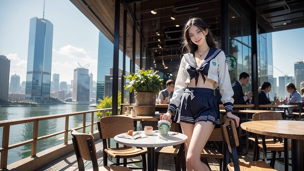 8K、RAW Photos、Highest quality、Super detailed、Super Resolution、Ultra HD、8K壁紙、Amazing details
(((Starbucks outdoor cafe、16 year old high school girl in sailor suit)))、((Eat cake、Drink coffee、smile))、Heart Necklace(Emphasize cleavage)
(Full body photo)
(((Skyscrapers are visible)))
I can see my belly button