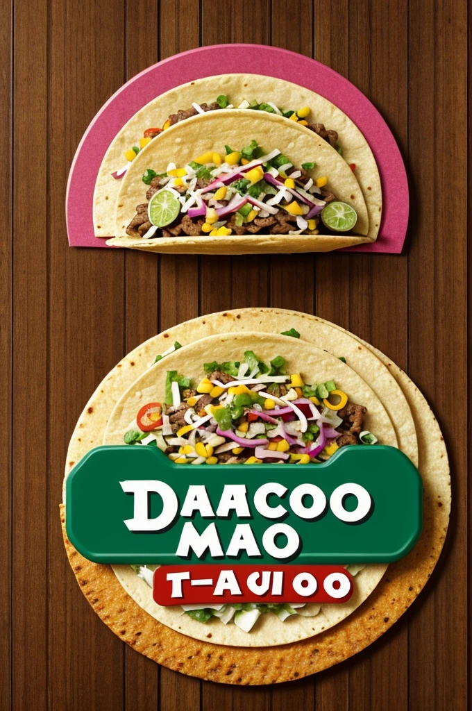 Can you help me by creating a circular logo for a taco shop called “Tacos don Mario?”" with warm colors where some tacos appear in the center, arranged in a striking way and at the top that says -Tacos Don Mario- 