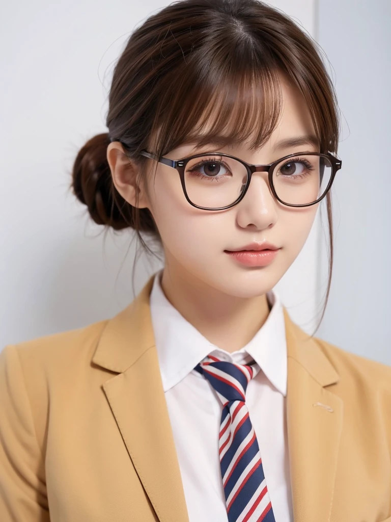 1girl, masterpiece, high_quality, office_uniform, glasses, brown_hair, necktie