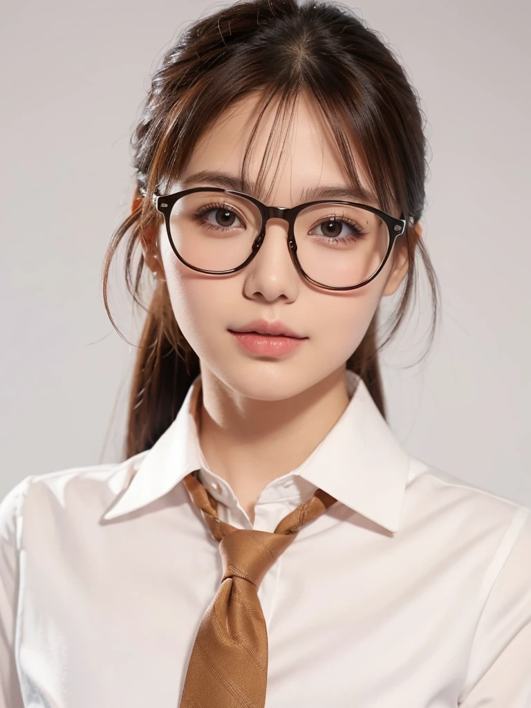 1girl, masterpiece, high_quality, office_uniform, glasses, brown_hair, necktie