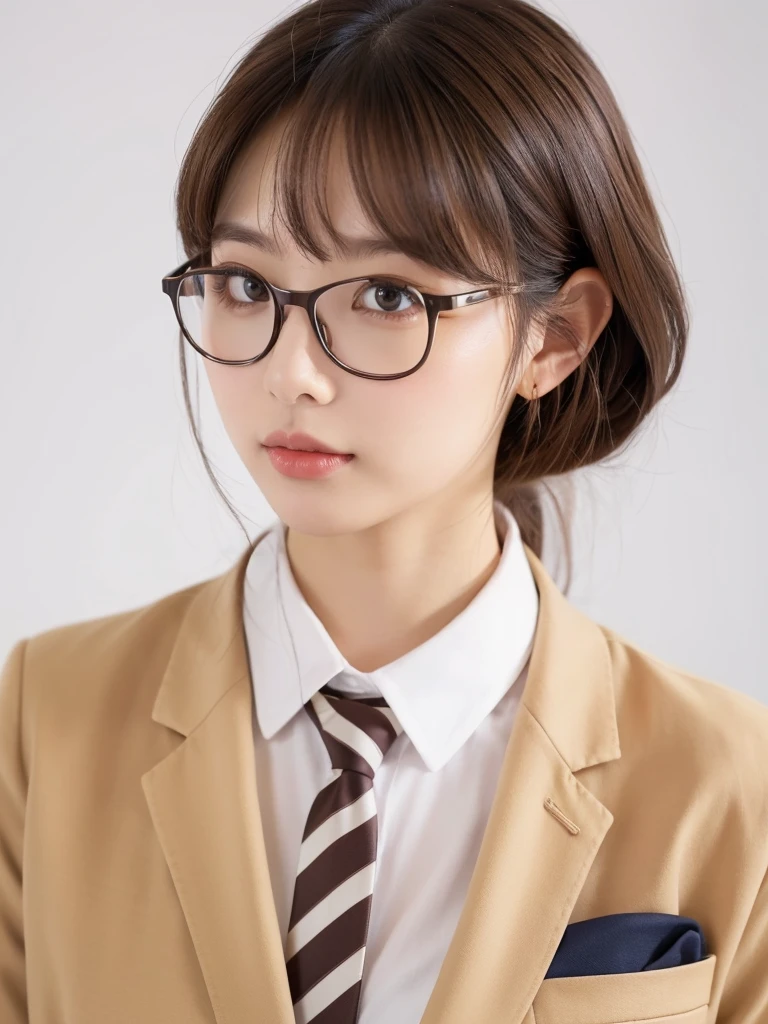 1girl, masterpiece, high_quality, office_uniform, glasses, brown_hair, necktie