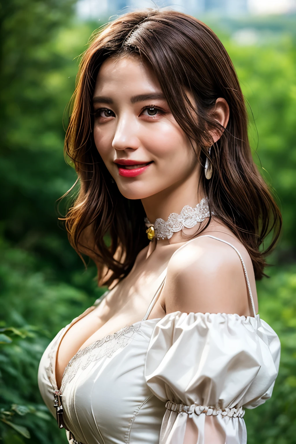 (nsfw:-2.0), (realistic, photo-realistic:1.4), (best quality,masterpiece:1.2), RAW photo, high resolution, intricate details, extremely detailed, realistic and sharp details, cinematic lighting, (portrait, frontal photography), solo, 1girl, (doll-like appearance), (steampunk-style cosplay), (large breasts, cleavage), dark hair, detailed face, detailed eyes, smile, (pastel color clothes), bell-shaped skirt, petticoats, sweetheart neckline, puffed sleeves, detailed lace, detailed embroidery, accessories and matching headpiece, choker, large sparkling jewelry, ankle strap pumps, photo background, outdoors, (city ruins, ruins, concrete), nature, overgrown,,,