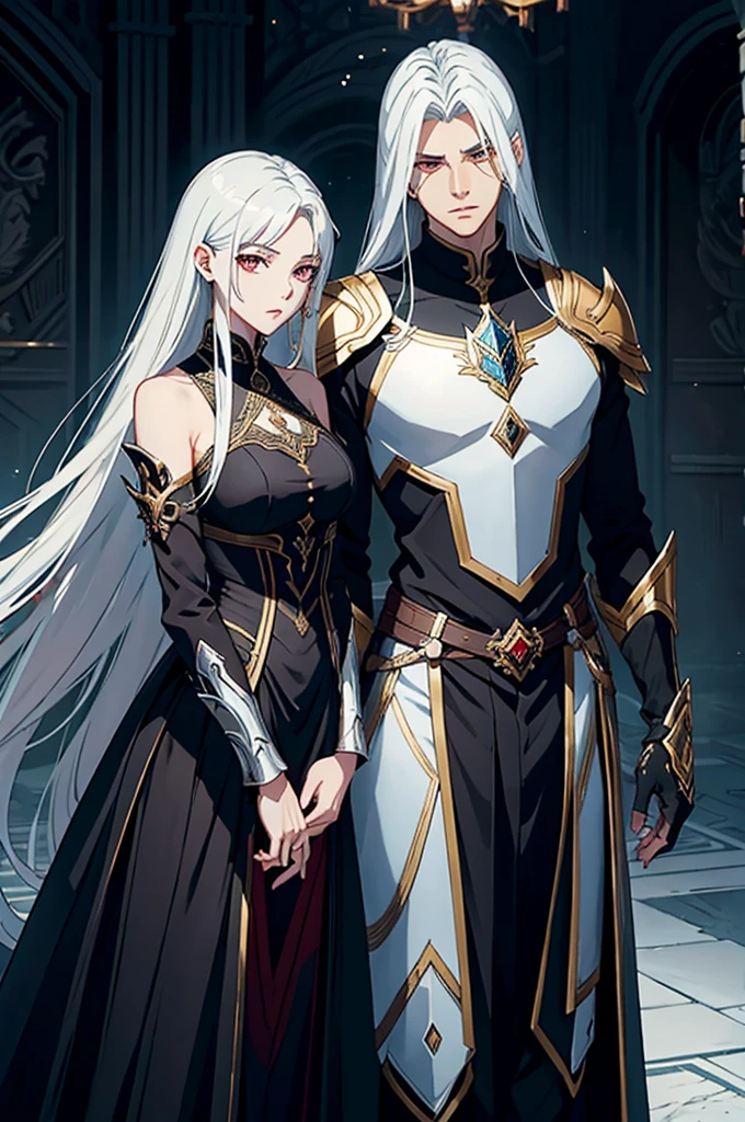 Crie uma imagem com Cadis Etrama Di Raizel e Erga Kenesis Di Raskreia do webtoon Noblesse. Raizel must be portrayed with his elegant and regal demeanor, wearing his traditional black suit and red tie, with her piercing red eyes and long black hair flowing gracefully. Beside him, portray Raskreia in her majestic and imposing presence, adorned on her white and gold armor with intricate details, her long silver hair falling down her back. Both characters must exude an aura of nobility and power, with a dramatic background that emphasizes his formidable and dignified nature. The scene should capture their unique bond and the strength they embody as leaders of their respective races..