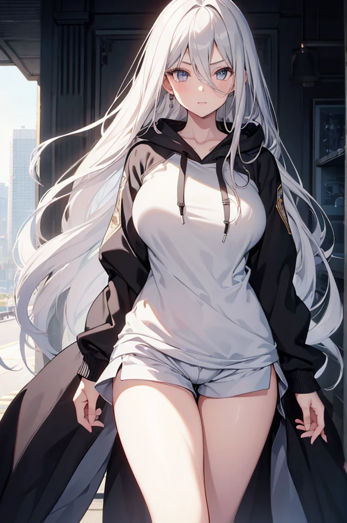 1girl, {Solitary}, Upper Body ,{{ {Watching at viewer}}}, Arms at your sides, Concept Art, white Background, simple Background, White hair, Silver gradient hair , Composite cloth, Asymmetrical clothes, Virtual YouTuber, best quality, masterpiece, Dynamic Angle, , cowboy_shooting, Watching_Back, grab, girl,Miss,woman, young,20 years old, Very long hair, Hair Flip, Silver Hair, Flowing hair, Ahog, giggle, Beautiful and delicate golden eyes, teeth, Large Breasts, Blonde eyes, White skin, hoodie, Black_shorts, Gray clothes, transparent_Background, Backlighting, absurd, high resolution, Extremely detailed,sweater,No pants