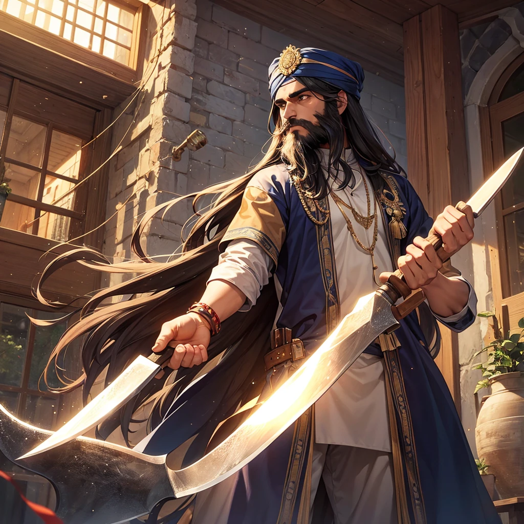 An indian man, long hair and beard, holding an axe