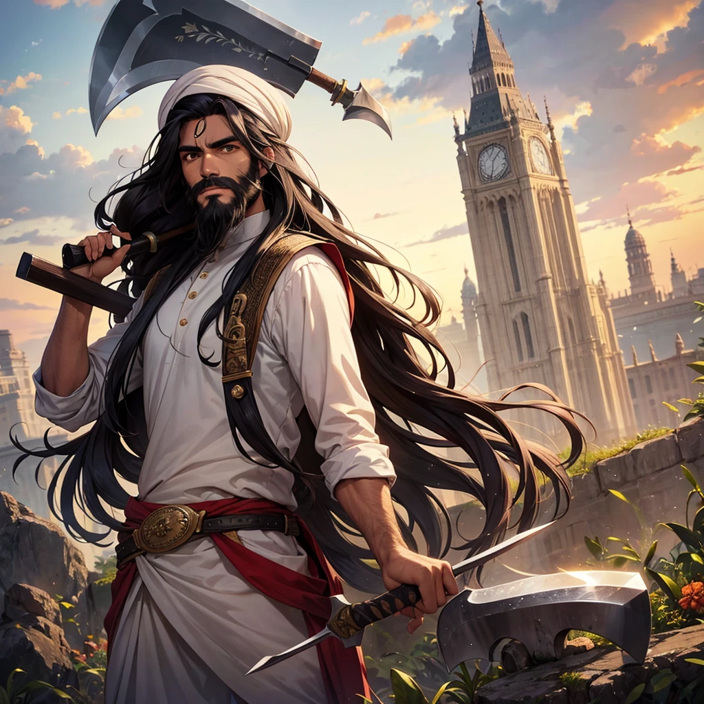 An indian man, long hair and beard, holding an axe