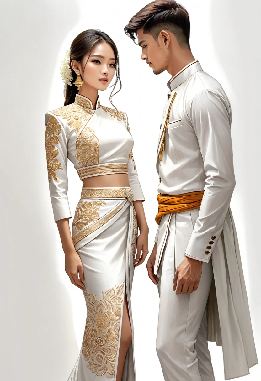 candid fashion illustration of two young man and women, 20 year old, adorned in a meticulously crafted North Thai traditional outfit, ((showcase fashion in a Northern Thai style, cotton handwoven in white color)), simple elegant and luxury style, The man wears a simple long-sleeved white shirt with minimal details, paired with white Tailor pants, and shoes, The woman complements him with white tubular skirt or Sarong with simple patterns, ankle-length and is wrapped around the waist detail, and A fitted intricately decorated blouse that complements the skirt. Captured in a low angle, ((full-body image)), stands gracefully against the white backdrop. Their attire simple with intricate embroidery and white accents, each element carefully chosen to reflect the rich Lanna cultural heritage, ((white studio background)), realistic color pencil lines, perfect drawing, charcoal lines, fading sketch, quick Sketch, soft light, fashion illustration, fashion sketching