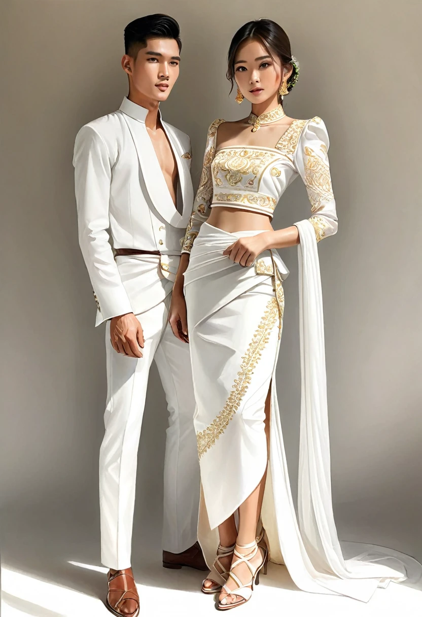 candid fashion illustration of two young man and women, 20 year old, adorned in a meticulously crafted North Thai traditional outfit, ((showcase fashion in a Northern Thai style, cotton handwoven in white color)), simple elegant and luxury style, The man wears a simple long-sleeved white shirt with minimal details, paired with white Tailor pants, and shoes, The woman complements him with white tubular skirt or Sarong with simple patterns, ankle-length and is wrapped around the waist detail, and A fitted intricately decorated blouse that complements the skirt. Captured in a low angle, ((full-body image)), stands gracefully against the white backdrop. Their attire simple with intricate embroidery and white accents, each element carefully chosen to reflect the rich Lanna cultural heritage, ((white studio background)), realistic color pencil lines, perfect drawing, charcoal lines, fading sketch, quick Sketch, soft light, fashion illustration, fashion sketching