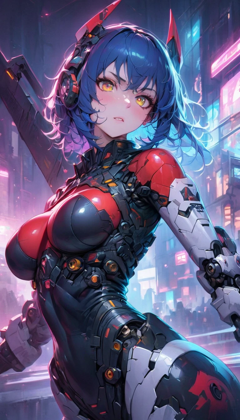 best quality,4k,8k, highres, masterpiece:1.2), extremely detailed eyes, extremely detailed body, (large masterpiece digital art), (detailed manga illustration), (detailed line art), ((perfect anatomy)), (intricate details:1.3), (ultra-detailed:1.3), (illustration:1.3), (sharp focus:1.3), (natural lighting:1.05), (vivid colors:1.3), (masterpiece), (best quality:1.4), (perfect anatomy:1.4), high quality, expressive eyes, full body, tall girl, detailed face, beautiful face, perfect face, breasts, gloves, large breasts, cyberpunk, (black armor), short hair, ((pale skin)), messy hair, detailed (dark blue hair), honeydew hair, multicolored hair, detailed eyes, (amber eyes), hourglass physique, mecha musume, fortified suit, mechanical parts, headgear, robot joints, bodysuit, deva battle suit, gloves, thick thighs, toned, emblem, superhero, dynamic lighting, 4k resolution, dynamic pose, weapon, energy weapon portrait, Jeff Bridges, ((cartoon style)), Marvel Cinematic Universe style, (((sci-fi city in the background))), soft bokeh of futuristic city, Atey Ghailan, Jeremy Mann, Greg Manchess, Antonio Moro, trend in ArtStation, trend in CGSociety, Intricate, High Detail, Sharp focus, dramatic and photorealistic painting art by Midjourney and Greg Rutkowski, bokeh in the background