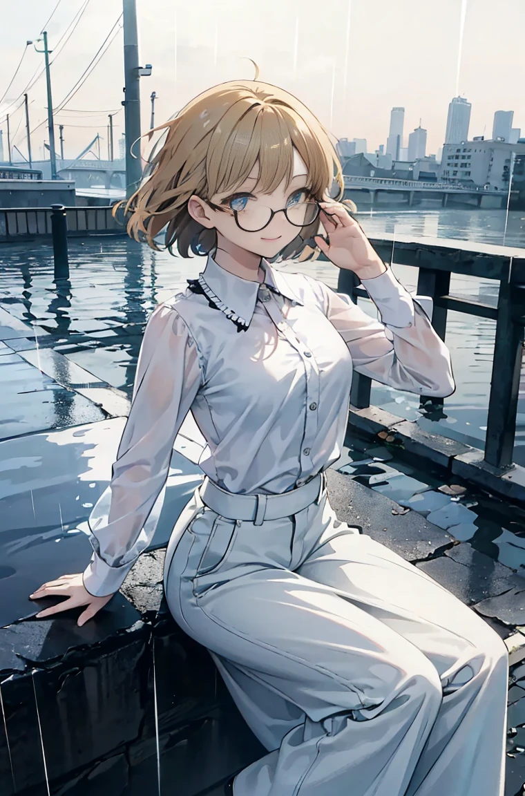 Beautiful masterpiece, best quality, Illustration style,
bridge_Ark of Tomorrow，bust，Smile， Anime Girl, beautiful eyes, summer, Wide leg pants, sunglasses，small, Heartwarming, Youthful and beautiful,, black and white,, showing a natural casual style. Dynamic posture contains the golden ratio, Large aperture portrait, White space, Strong contrast between light and shadow, Super texture, Super clear and concise pictures, presenting extremely beautiful, Elegant temperament, Subtle facial expressions, City background, rain, Road area water reflection，There is one，There is onehead，one person