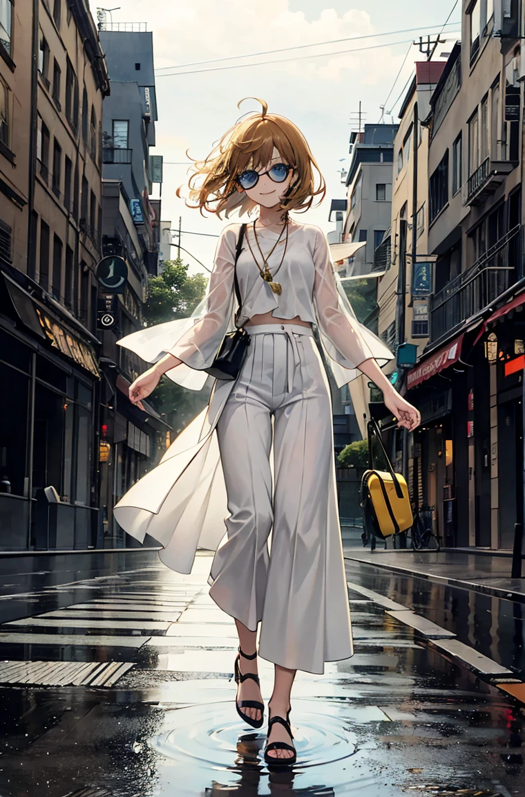 Beautiful masterpiece, best quality, Illustration style,
bridge_Ark of Tomorrow，bust，Smile， Anime Girl, beautiful eyes, summer, Wide leg pants, sunglasses，small, Heartwarming, Youthful and beautiful,, black and white,, showing a natural casual style. Dynamic posture contains the golden ratio, Large aperture portrait, White space, Strong contrast between light and shadow, Super texture, Super clear and concise pictures, presenting extremely beautiful, Elegant temperament, Subtle facial expressions, City background, rain, Road area water reflection，There is one，There is onehead，one person