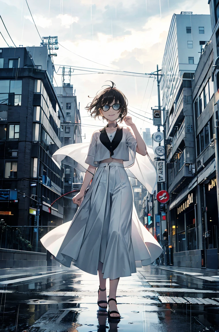 Beautiful masterpiece, best quality, Illustration style,
bridge_Ark of Tomorrow，bust，Smile， Anime Girl, beautiful eyes, summer, Wide leg pants, sunglasses，small, Heartwarming, Youthful and beautiful,, black and white,, showing a natural casual style. Dynamic posture contains the golden ratio, Large aperture portrait, White space, Strong contrast between light and shadow, Super texture, Super clear and concise pictures, presenting extremely beautiful, Elegant temperament, Subtle facial expressions, City background, rain, Road area water reflection，There is one，There is onehead，one person