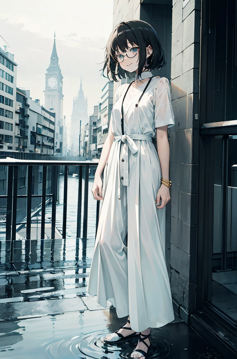 Beautiful masterpiece, best quality, Illustration style,
bridge_Ark of Tomorrow，bust，Smile， Anime Girl, beautiful eyes, summer, Wide leg pants, sunglasses，small, Heartwarming, Youthful and beautiful,, black and white,, showing a natural casual style. Dynamic posture contains the golden ratio, Large aperture portrait, White space, Strong contrast between light and shadow, Super texture, Super clear and concise pictures, presenting extremely beautiful, Elegant temperament, Subtle facial expressions, City background, rain, Road area water reflection，There is one，There is onehead，one person