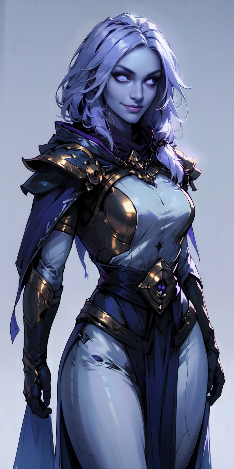 Character:
Female
Chest covered (presumably by clothing)
Smiling
Skin: Gray and purple
Hair: Pale golden
Eyes: Violet
Attire:
Prefers white and silver clothing
Deep blue or purple cloak (optional)
Background:
Plain
Image details:
High resolution ((highres) can be omitted)
Very detailed (including the clothing)