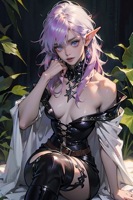 ((ultra realistic illustration:1.2)),(dark fantasy:1.4), In a mystical forest. Beautiful Elven mage. Wild (magenta hair), violet eyes, ((very pale:1.4)), beautifully fit figure, small perky breasts. (tribal war paint), leather bustier, cape, thigh high boots .Masterpiece, (highly detailed:1.2),(detailed face and eyes:1.2), 8k wallpaper, natural lighting. core shadows, high contrast, bokeh.