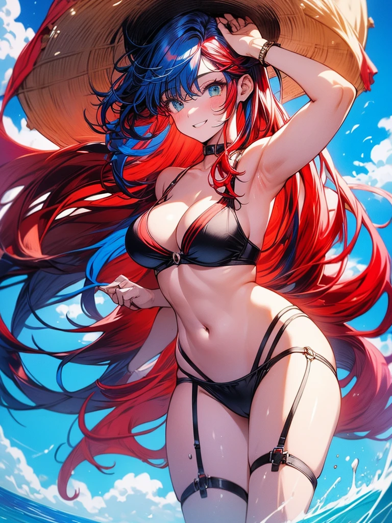 (masterpiece, best quality), 1girl, solo, (red streaked hair), (blue hair), green eyes, slim, large breasts, long hair, sexy, bikini, garter, pool, summer
