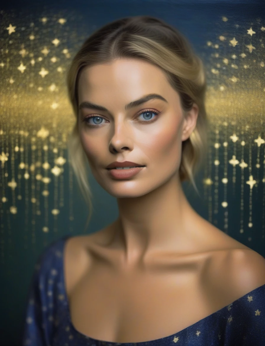 MargotRobbie, (art by Henri Le Sidaner:1.3) ,art by Bill Brauer, Photography, Very detailed, Sharp Murano small Qin dynasty (female:1.3) , Harvester of souls, wearing wide-leg pants and off-shoulder blouse with striped patterns, Dark Pixie Hairstyle, stars in the sky, soft focus, illustration, deep indigo lighting, film grain, Fuji Superia 400, Depth of field 100 mm, Two colors, "She will be loved, and she will be loved.",  