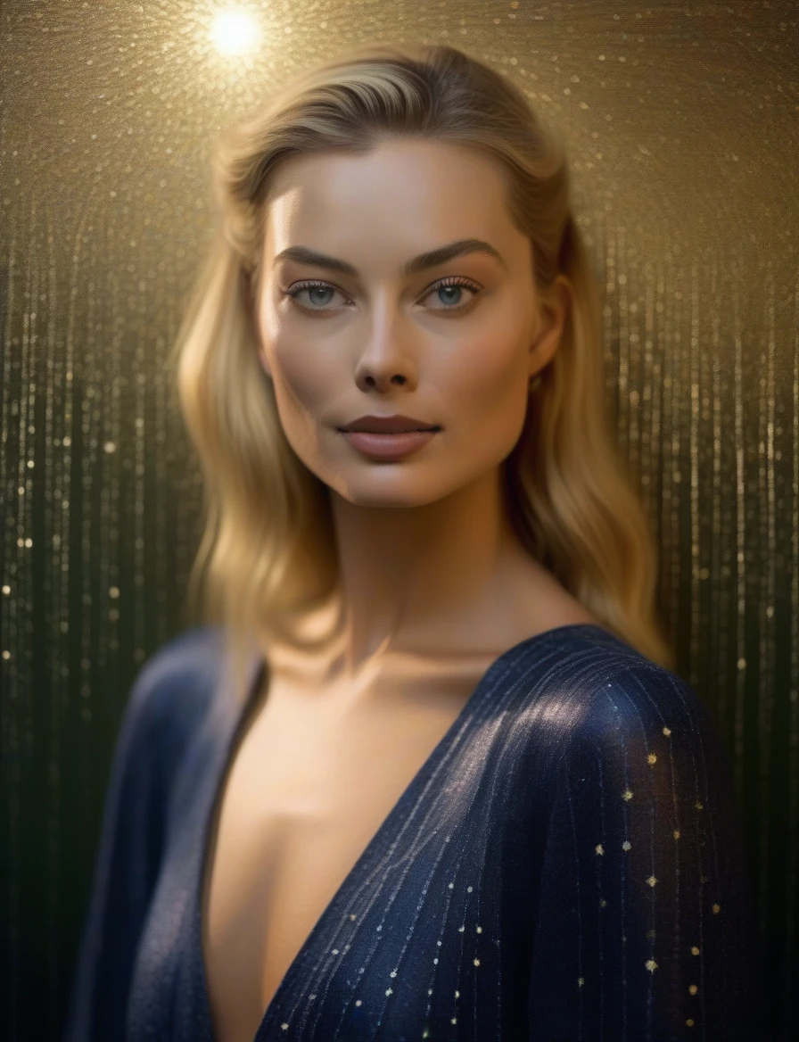 MargotRobbie, (art by Henri Le Sidaner:1.3) ,art by Bill Brauer, Photography, Very detailed, Sharp Murano small Qin dynasty (female:1.3) , Harvester of souls, wearing wide-leg pants and off-shoulder blouse with striped patterns, Dark Pixie Hairstyle, stars in the sky, soft focus, illustration, deep indigo lighting, film grain, Fuji Superia 400, Depth of field 100 mm, Two colors, "She will be loved, and she will be loved.",  