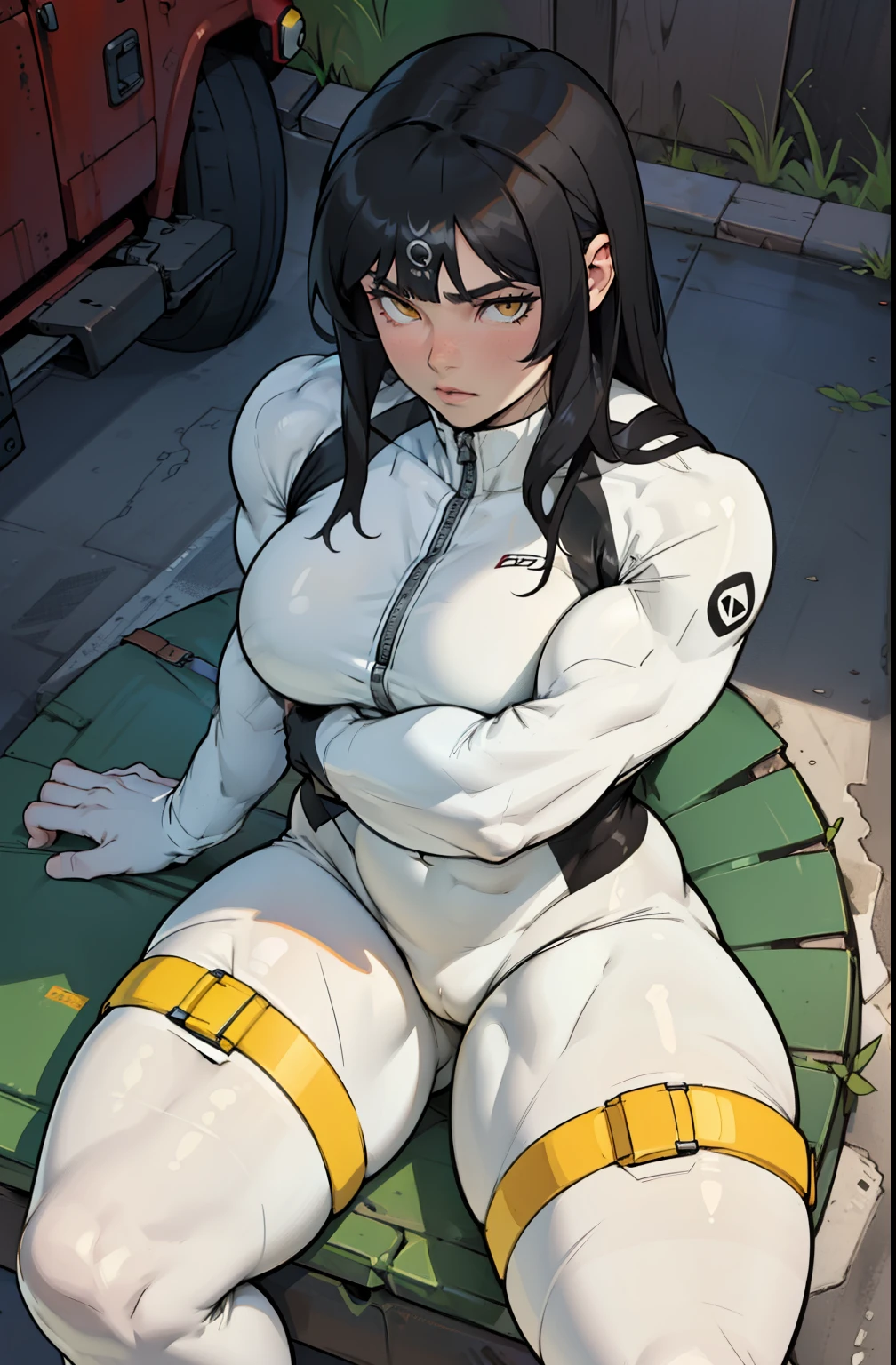 best quality (((((girl muscular thick thighs))))) (full bodysuit cowboy-shot from above sitting) pale skin black hair yellow eyes very long hair