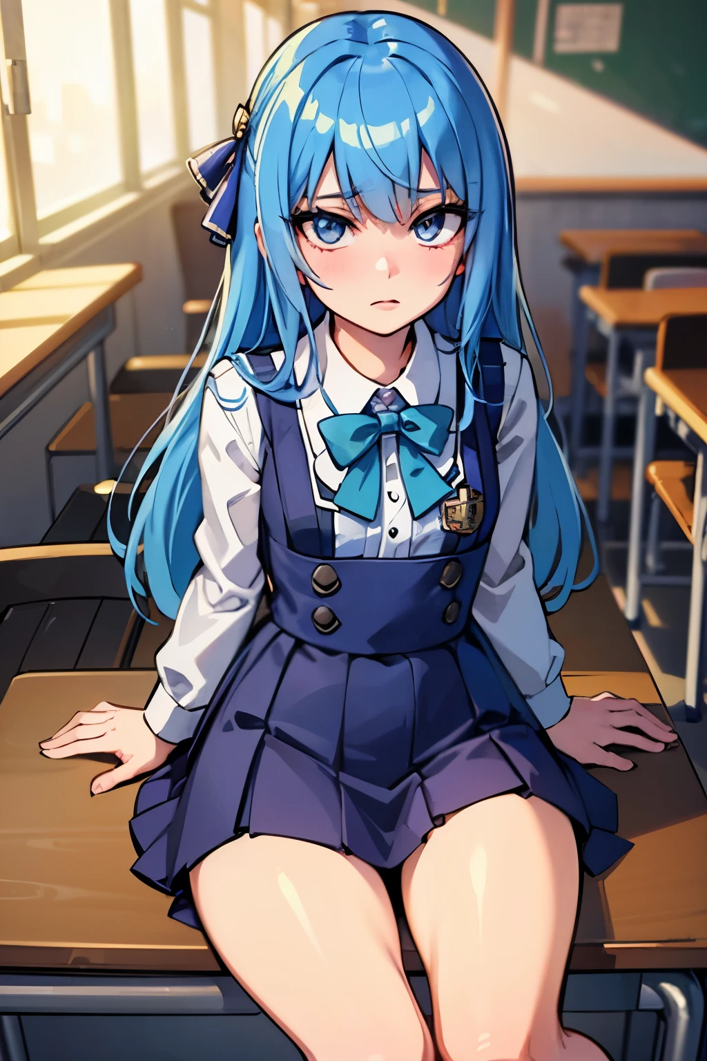 masterpiece, best quality, ultra-detailed, illustration, colorful, flat color, depth of field, lens flare, 1girl, hoshimachi suisei, anime, sitting, blue hair, looking at viewer, school, classroom, school girl, dress, detailed skin texture, detailed cloth texture, beautiful detailed face, small breasts